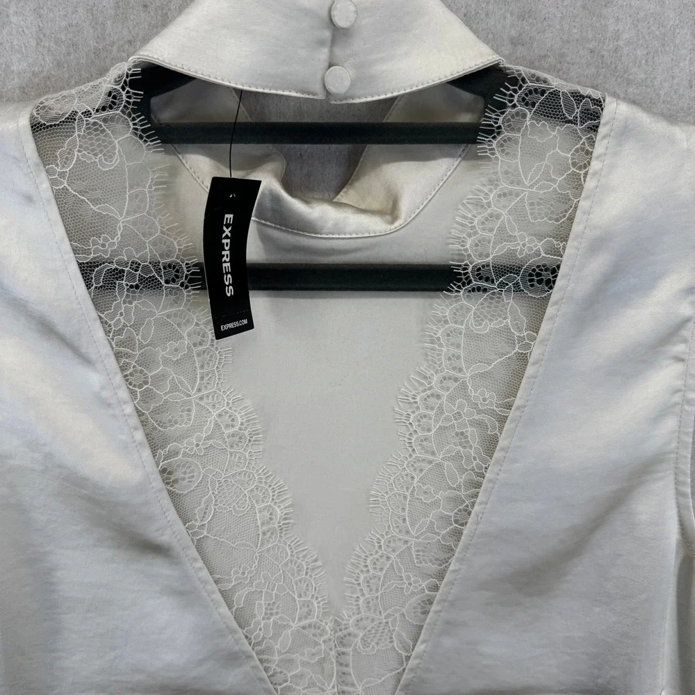 Express Womens Medium Champagne Satin Lace Trim Deep V Back Sleeveless Blouse - Picture 4 of 5